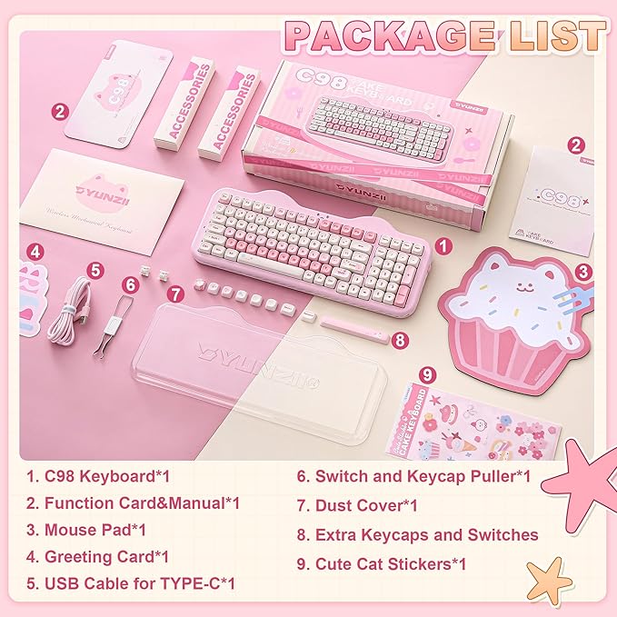 YUNZII C98 Wireless Mechanical Keyboard with Number Pad,99 Key BT5.0/2.4G/USB-C Hot Swap Gasket Mount with PBT MOA Keycaps,Custom RGB,Cute Cake Keyboard for Win/Mac (Pink, Milk V2 Linear Switch)