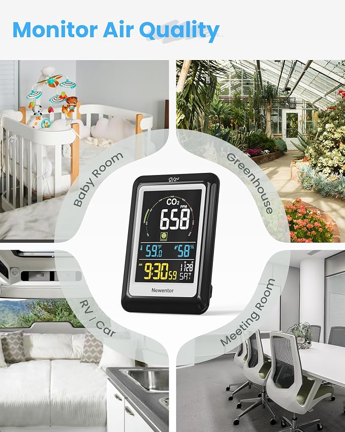 Newentor CO2 Monitor, Indoor Air Quality Meters, Carbon Dioxide Detector with Voice, Large Display CO2 Tester, Temperature Humidity Sensor, Alarm Clock for Home, RV, Grow Tents, Black