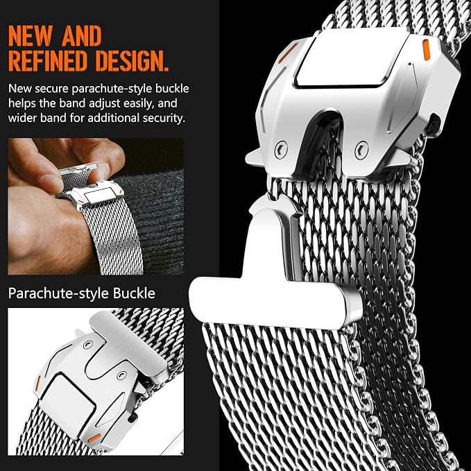 FULLIFE Milanese Mesh Loop for Apple Watch Band Apple Watch Ultra 3/2/1 Band 49mm 46mm 45mm 44mm Men Women, Stainless Steel Metal Band Parachute-style Buckle for iWatch Series 11 10 9 8 7 6 SE3 5 4 3