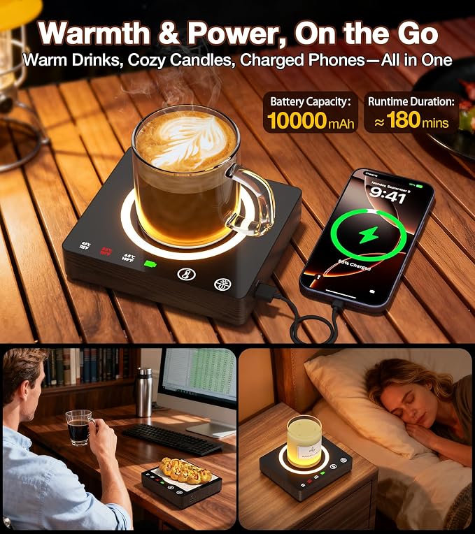 Mug Warmer, Cordless 180 Min Battery Life, 10000mAh Portable Charger, Wireless Coffee Cup Warmer for Desk, 3 Temp Settings, Smart Candle Heat Plate for Home, Office, Travel, Camping & Gifts