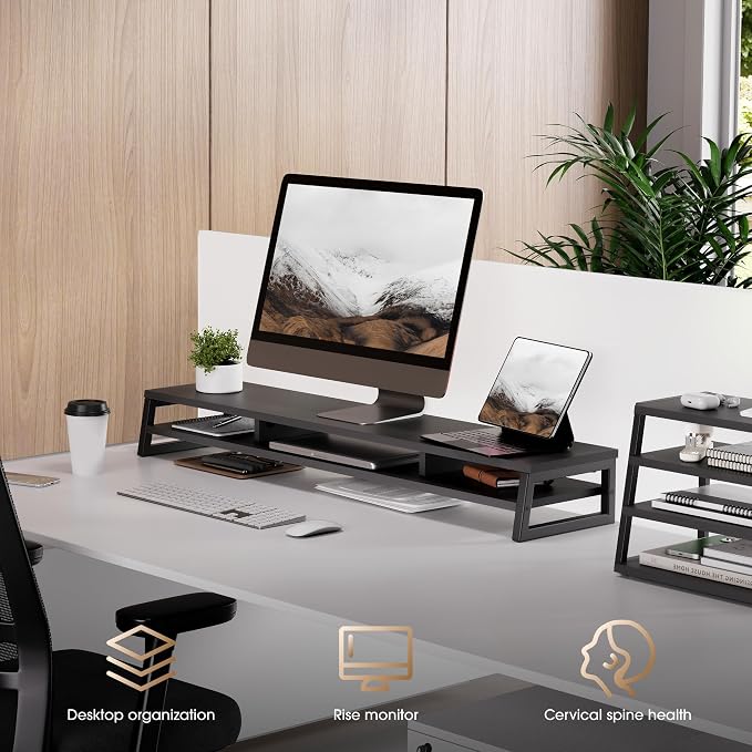 Fenge Dual Monitor Stand for Desk, 42.5in Large Monitor Riser for 2 Monitors, 2 Tier Computer Office Desk Top Shelf, Desktop Storage Stand for Laptop, PC, Computer, Printer