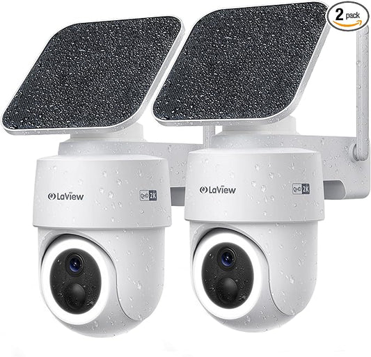 LaView 2K 3MP Solar Security Cameras Wireless Outdoor, Cameras for Home Security, 360° Pan & Tilt Rechargeable Battery Outdoor Camera, IP65, Color Night Vision, Two-Way Audio, Work with Alexa(2 Pack)