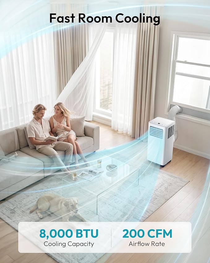 EUHOMY Portable Air Conditioners, 8,000 BTU 3-in-1 Portable AC Unit Cools 350 Sq.Ft, Quiet 50 dB AC with Cool, Dehumidifier, Fan for Bedroom, Includes Window Kit, Remote, Easy Move Casters for Room