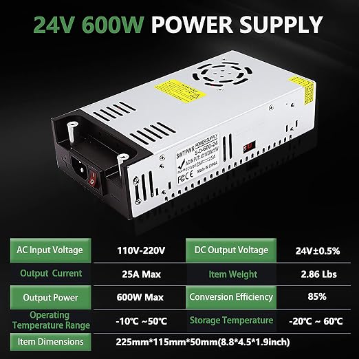 24V 25A 600W AC to DC Converter 110V/120V to 24V Power Supply Transformer LED Driver Smart Cooling Fan Designed for LED Strip CCTV and Car Devices (DC24V, 24V-25A-600W)