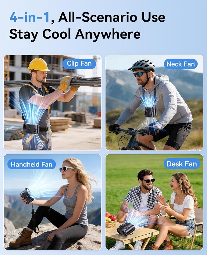 KIMMOO Dual-Motor Rechargeable Waist Fan with Ice Cooling, 25000 RPM High-Speed Neck Belt Clip-on Fan with 10 Gears, LED Display & Flashlight, Hands-Free Personal Fan for Work Outdoor Travel, Black