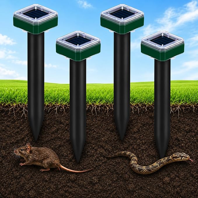 4 Pcs Mole Repellent Solar Powered Ultrasonic Snake Repellent for Yard Skunk Vole Gopher Armadillo Rabbit Groundhog Chipmunk Raccoon Repellent for Lawns, Garden, Outdoor Waterproof Sonic Detterent