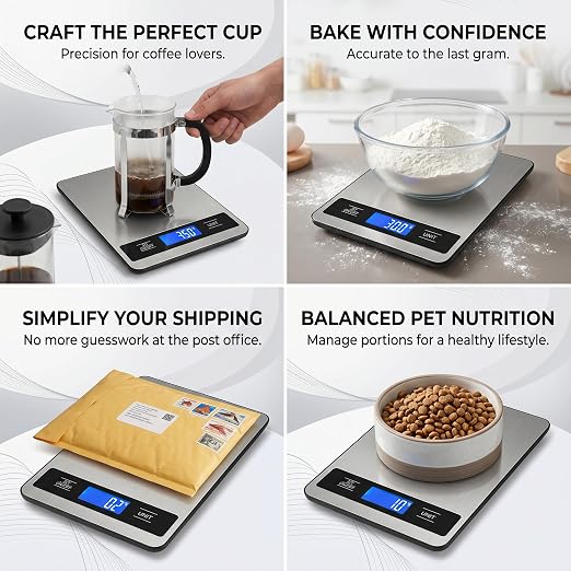 33lb/15kg Kitchen Food Scale, High Precision 1g for pet Care, Cooking, Meat | Stainless steel digital weight scale with timer & backlit LCD, tare & unit conversion (g/oz/ml/lb) for baking, coffee, bread