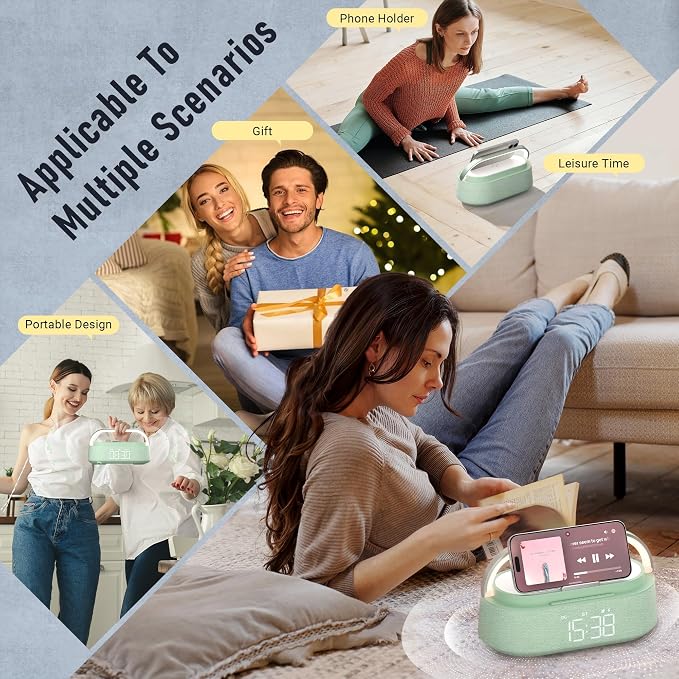 FREEFISH Bluetooth Speaker with Fast Wireless Charger,FM Radio,Touch LED Night Light,Phone Holder,Snooze, Portable Wireless Speaker for Bedrooms Office Home, Gifts