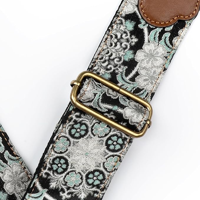 Guitar Strap, Electric& Acoustic bass Guitar Straps,Embroidered Filament with Head Cowhide Leather Strap, with Free Strap Button,2 Guitar Strap Locks，4Guitar Pick (Green Floral Print)