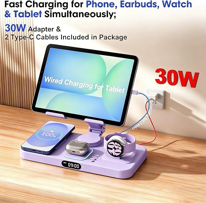 30W Tablet Wireless Charger for Samsung, Foldable Android Charging Station with Clock Display with 7-Color Light, Wireless Watch Charger for S25, Only Compatible Samsung Watch, Galaxy Buds3 Pro(Purple