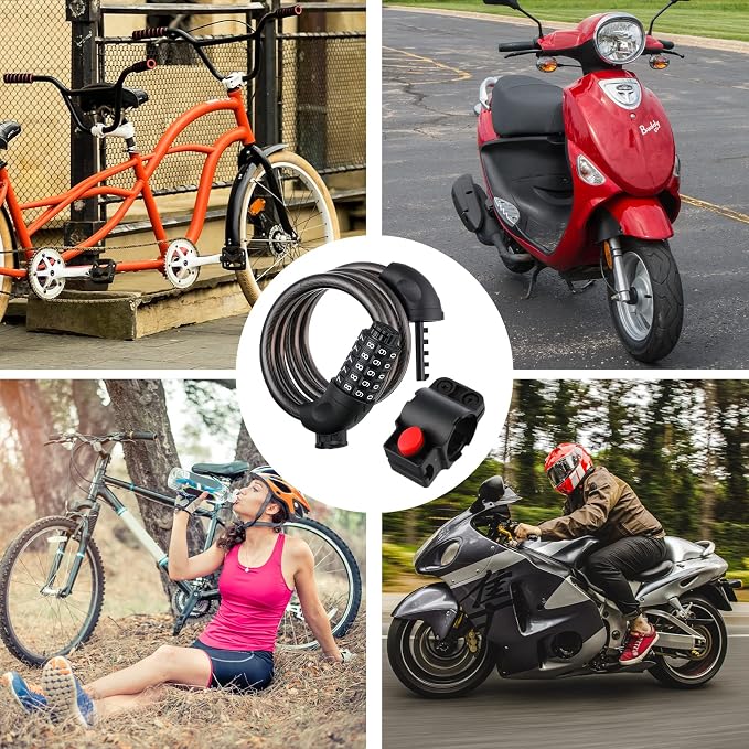 4 Pieces Bike Lock 4 Feet Bike Lock Cable 5 Digit Resettable Combination Code Security Coiling Bicycle Lock 2/5 Inch Diameter with Mounting Bracket for Bicycle Outdoors (Black)