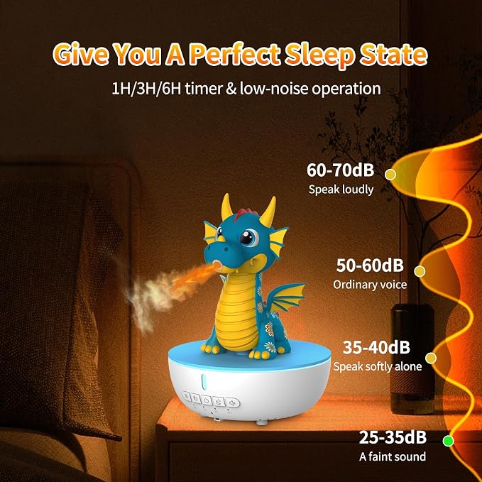 Dragon Aromatherapy Humidifier, 200ML Mini Desktop Essential Oil Diffuser, White Noise Machine with 10 Soothing Sounds, Cute Small Humidifiers for Kids Bedroom, Home, Office (Blue)
