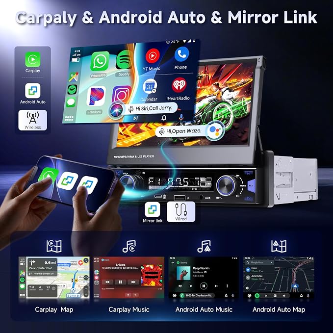 7 inch Single Din Touch Screen Car Stereo Flip Out Wireless CarPlay Android Auto, 1 Din Car Radio with Bluetooth with RDS AM FM Radio Car Audio Receiver Mirror Link,Type-C/USB/AUX+ Backup Cam