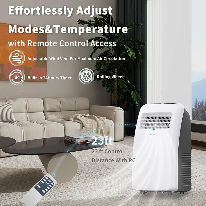 Shinco 8,000 BTU Portable Air Conditioner - 3-in-1 Cool/Dehumidifier/Fan for Rooms Up to 350 sq.ft, Remote Control & 24H Timer, Compact AC Unit for Bedroom/Office