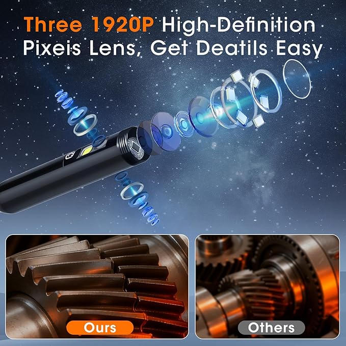 Endoscope Camera with Light, 5" IPS 1920P HD Borescope with Triple Lens, Inspection Borescope with 16.4FT Semi-Rigid Snake Cable and 32GB Card, IP67 Waterproof Drain Camera for Sewer/Pipe/Automotive
