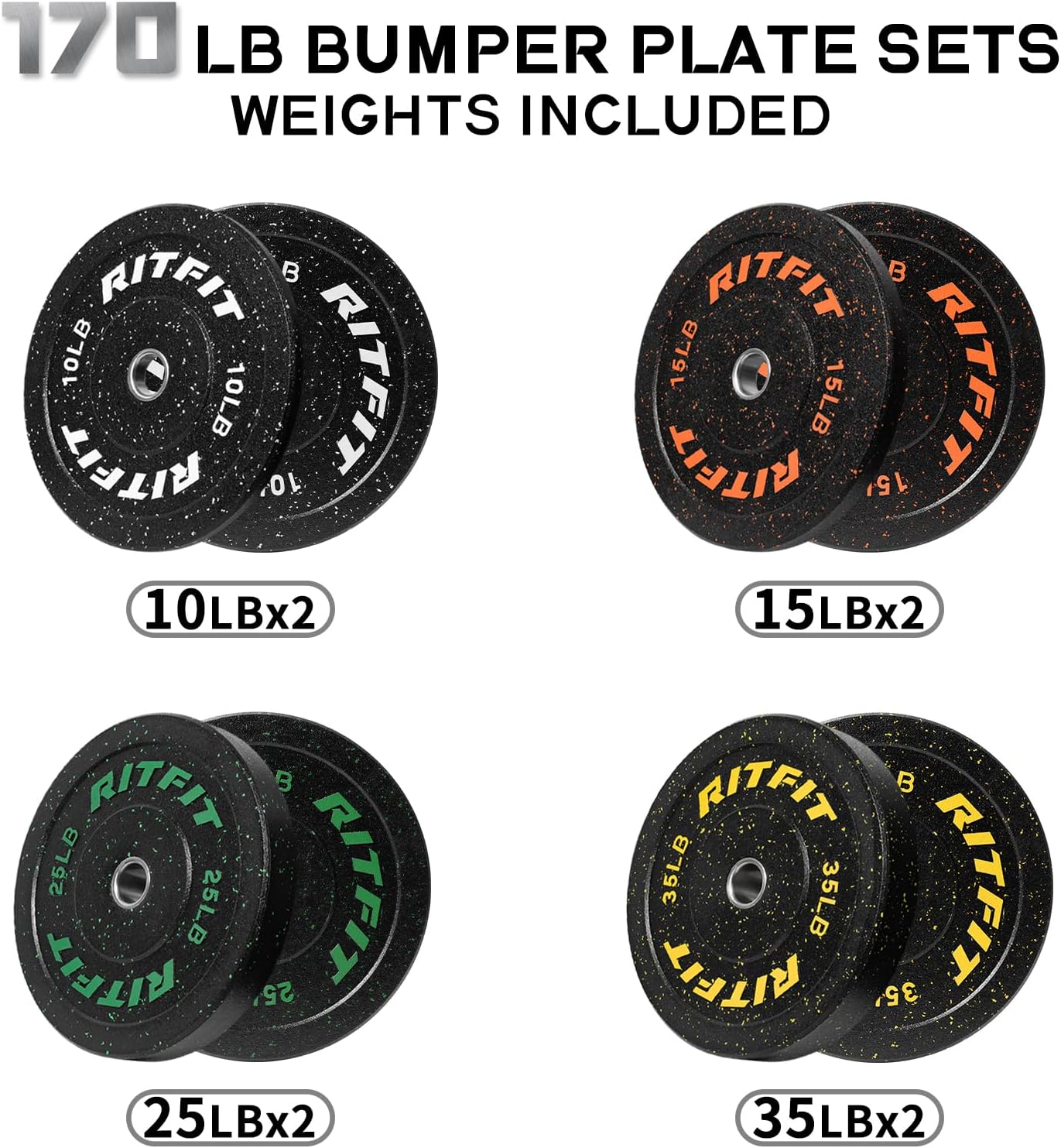 RitFit Bumper Plates, Colored Fleck-Rubber Weight Plates with Steel Insert, 2-inch Olympic Weight Plates for Weight Lifting and Strength Training, 170LB set