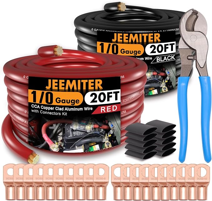Jeemiter 1/0 Gauge CCA Wire Kit 20ft Red & Black - Car Amp Power/Ground Cable,Battery Cable with Wire Cutter,Lug Terminal Connectors & Heat Shrink Tube | for Big 3 Upgrade,Solar,RV,Marine,Subwoofer