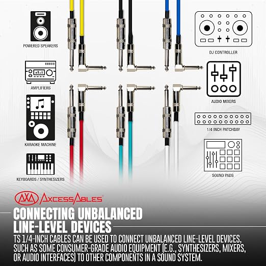 AxcessAbles 1/4" Right Angle Amp Cords for Bass & Electric Guitar - Metal TS Connectors, OFC Copper Wire | 6ft TS Instrument Cable Pack | Multi-Color Mono Guitar, Amp Cables (6ft, 6 Pack)