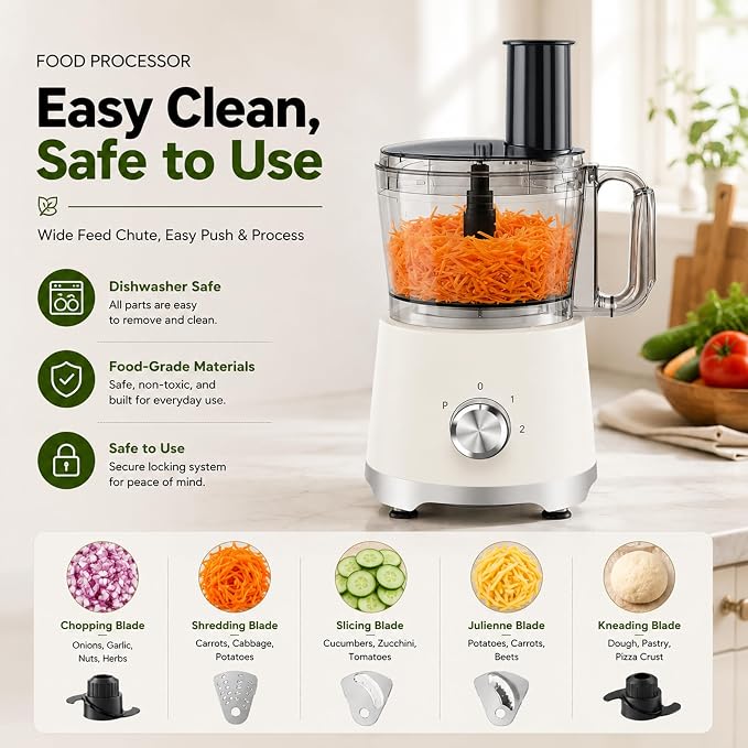 Simple Deluxe Food Processor 10.5 Cup, 2.6QT Multi-use Electric Vegetable Grinder with Slice Shred Chop Knead Functions, Kitchen Appliance for Fruit Smoothie & Dough Mixing, White