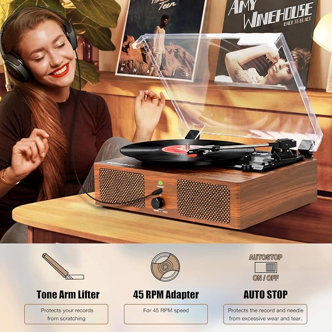 Vinyl Record Player with Upgraded Speakers and USB,Belt-Driven Bluetooth Turntable with 3 Speed AUX Input Headphone Jack and RCA Output