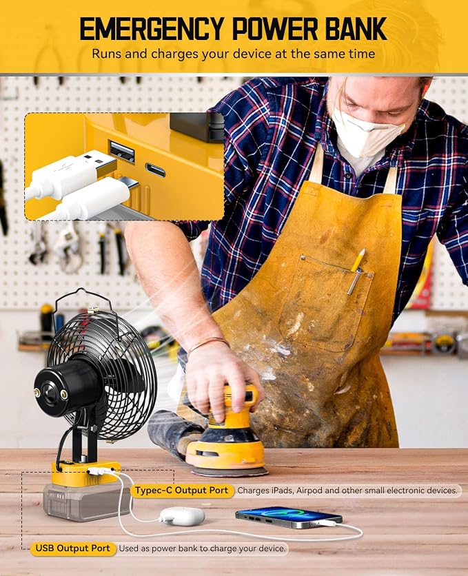 Ecarke 7 Inch Floor Fan Compatible with DeWalt 20V Battery (Tool Only) 20W 3500RPM Cordless Jobsite Fan Portable Fan with USB & Type-C Charging Port for Industrial Outdoor