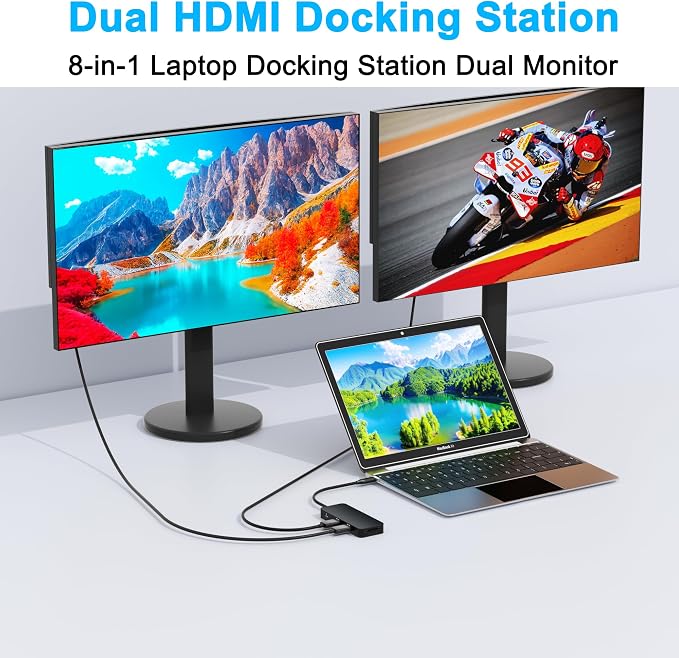 USB C Docking Station Dual Monitor for Dell/HP/Mac Laptop, Dual HDMI Adapter for 2 Monitors, HDMI Splitter for Dual Monitors Extended Display, 8 in 1 USB C Hub Multiport Adapter with HDMI/USB/PD/SD/TF