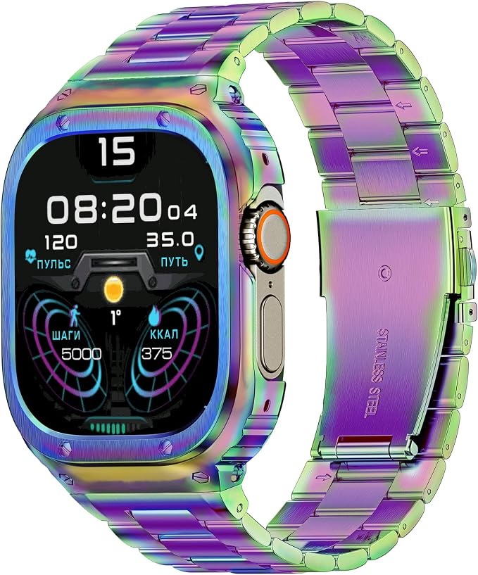 MioHHR Stainless Steel Band and Case Compatible with Apple Watch Band 49mm, Men Metal Protective Bumper Cover for iWatch Series Ultra 3/2/1, Multicolor