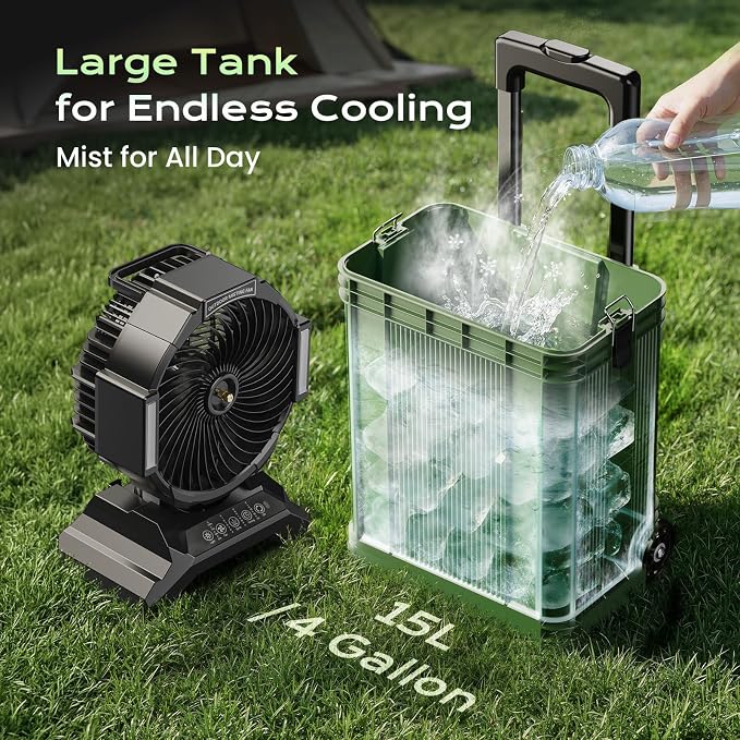 4 Gal Large Misting Bucket Fan Portable, 40000mAh Rechargeable Mister Fan with Retractable Handle & Oscillating Camping Fan for Patio/Beach/Fishing/Golf/Travel Essentials