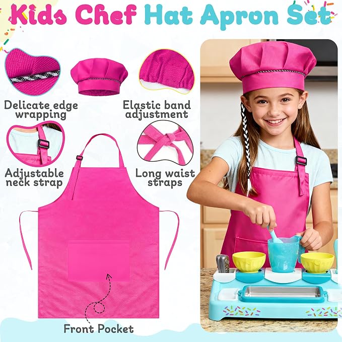 Ultimate Ice Cream Maker for Kids - Interactive Kitchen Playset for Children - Includes Freezing Tray, Bowls, Utensils, 2 Ice Cream Mixes, Apron, Hat, 9 Colorful Stickers (Heroic Hot Pink Bundle)