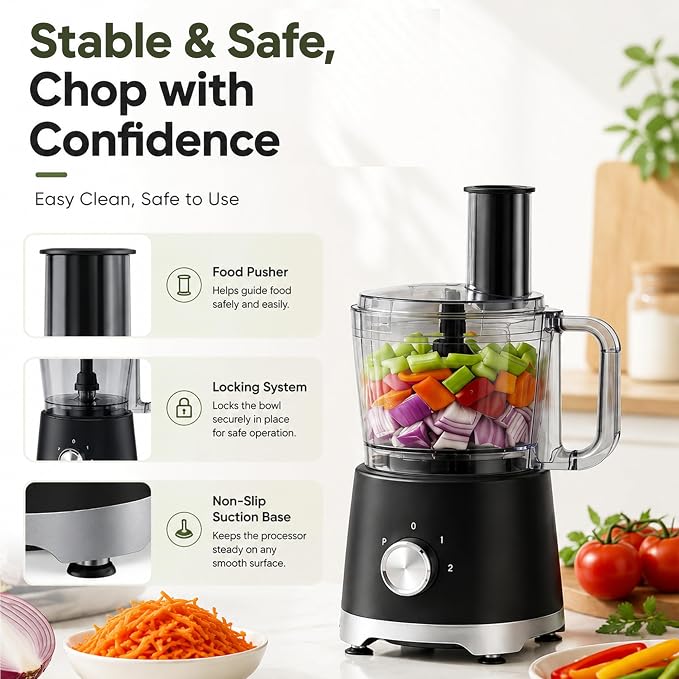 Simple Deluxe Food Processor 10.5 Cup, 2.6QT Multi-use Electric Vegetable Grinder with Slice Shred Chop Knead Functions, Kitchen Appliance for Fruit Smoothie & Dough Mixing, Black