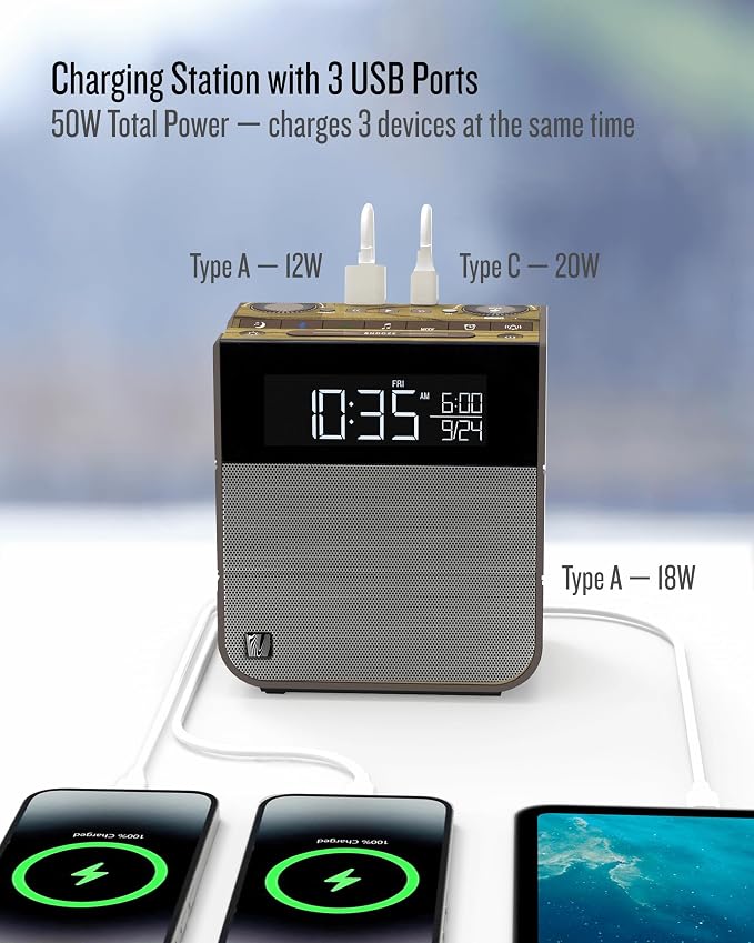 Soundfreaq Sound Rise II, SFQ-16: Bedside Alarm Clock Radio & Bluetooth Speaker, with Large Display Screen, FM Radio, Fast USB Charging, and Nature Sound (Wood Taupe)