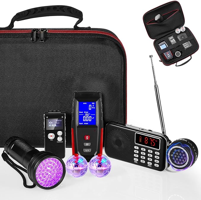 Dunzy 8 Pcs Ghost Hunting Equipment Kit, Include 1 Emf Meter 1 EVP Voice Recorders 1 Spirit Ghost Hunting Research Case 1 Flashlight 1 Speaker 2 Motion Light up Cat Balls 1 Radio(Emf Meter 2, Radio 1)