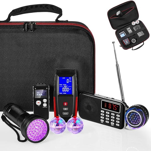 Dunzy 8 Pcs Ghost Hunting Equipment Kit, Include 1 Emf Meter 1 EVP Voice Recorders 1 Spirit Ghost Hunting Research Case 1 Flashlight 1 Speaker 2 Motion Light up Cat Balls 1 Radio(Emf Meter 2, Radio 1)