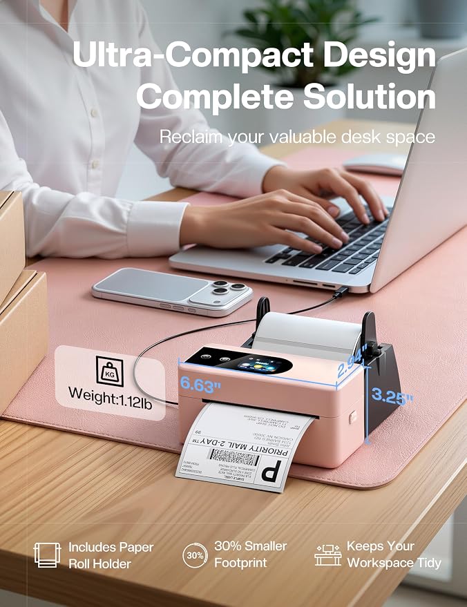 Phomemo 4x6 Shipping Label Printer with Touch Screen, Bluetooth Thermal Printer for Small Business, Auto Label Detection, 150mm/s High Speed, Compatible with Amazon, USPS, UPS, with 500 Pink Labels