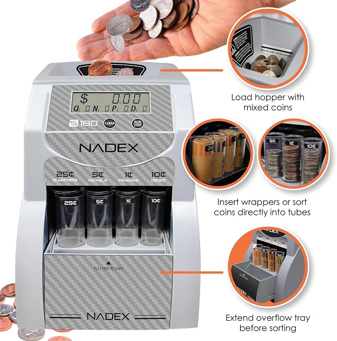 Nadex S180 Digital Coin Sorter and Counter – Displays Total and Denomination Values, Carbon Fiber