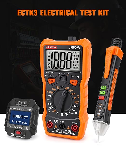 ETK3 3-in-1 Electrical Test Kit with Digital Multimeter, Non-Contact Voltage Tester & Outlet Tester, True RMS Multimeter with Silicone Test Leads for Electricians HVAC Home DIY