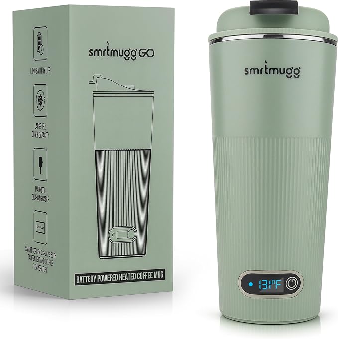 SmrtMugg GO Heated Coffee Mug, Travel Mug, 13.5 OZ. Smart Mug, Battery Powered Heated Coffee Mug, Great for Coffee and Tea, Snap on Magnetic Charging Cord, Adjustable Temperature (Mint Green)