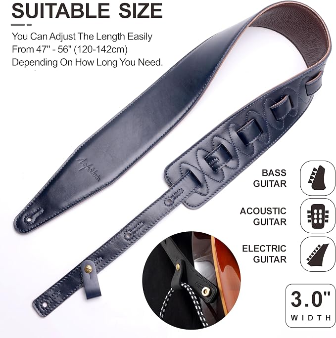 Nefelibata 3" Wide Guitar Strap, Full Grain Italian Leather Adjustable Guitar Straps with Foam Padding for Bass, Electric, and Acoustic Guitars