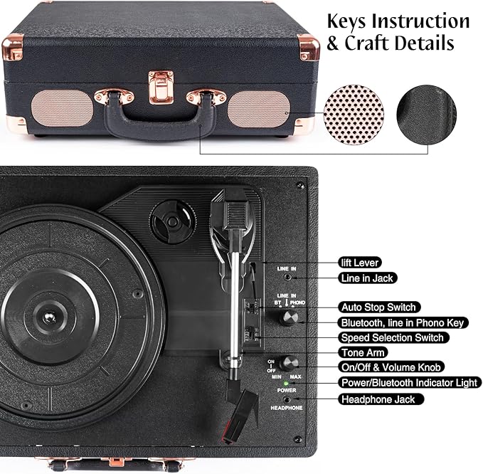 Record Player Wireless Portable Suitcase Vinyl Player with Built-in Speakers Retro Style Record Player for Vinyl Records 3-Speed RCA Line Out AUX in Vintage Turntable Upgrade Black