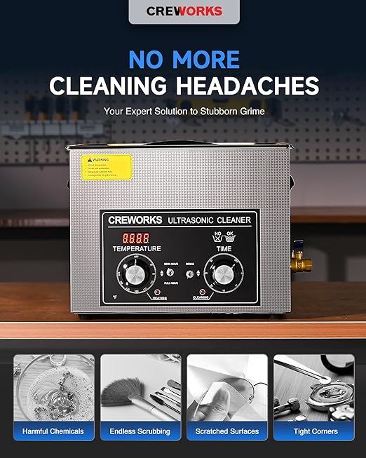 CREWORKS 15L Ultrasonic Cleaner with Heater and Timer, 360W Stainless Steel Ultrasonic Cleaner Machine with Degas & Gentle Modes, Ultrasonic Parts Cleaner with Knob Control for Machine Part Auto Tool