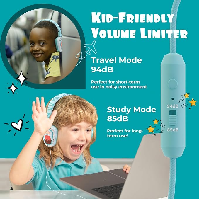 Kidrox® Kids Headphones Wired LED Lights with Microphone, Durable and Flexible, Volume Limited 85/94db Kid Safe Dinosaur Headphones for Kids, Perfect for School or Travel. USB C Wired