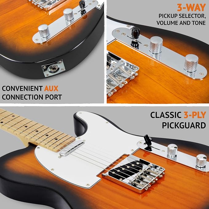LyxPro 39” Electric Guitar TL Series, Full-Size Paulownia Wood Body, 3-Ply Pickguard, C-Shape Neck, Ashtray Bridge, Quality Gear Tuners, 3-Way Switch & Volume/Tone Controls, 2 Picks Included, Sunburst