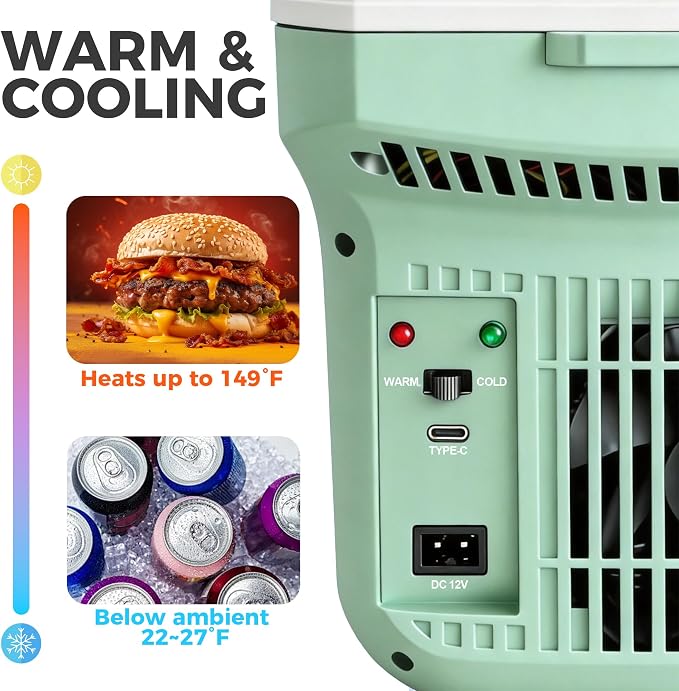 Iceblue Electric Cooler with Type-C, 8 Liter /11 Cans Mini Fridge with Belt, 9V Type-C Thermoelectric Dual-use Car Refrigerator, Car Fridge for Car, Dorm, Travel, Picnic, Gift - Green