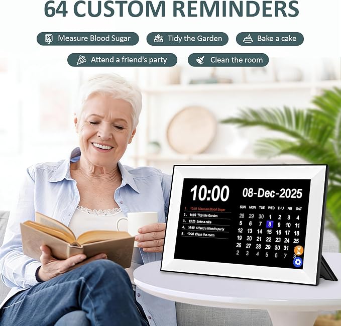 10.1" Touchscreen Digital Clock Large Display, Dementia Clocks for Seniors Custom 64 Reminders and Alarms, Auto DST, Auto-Dimming, Digital Alarm Clock with Day and Date for Elderly(White)