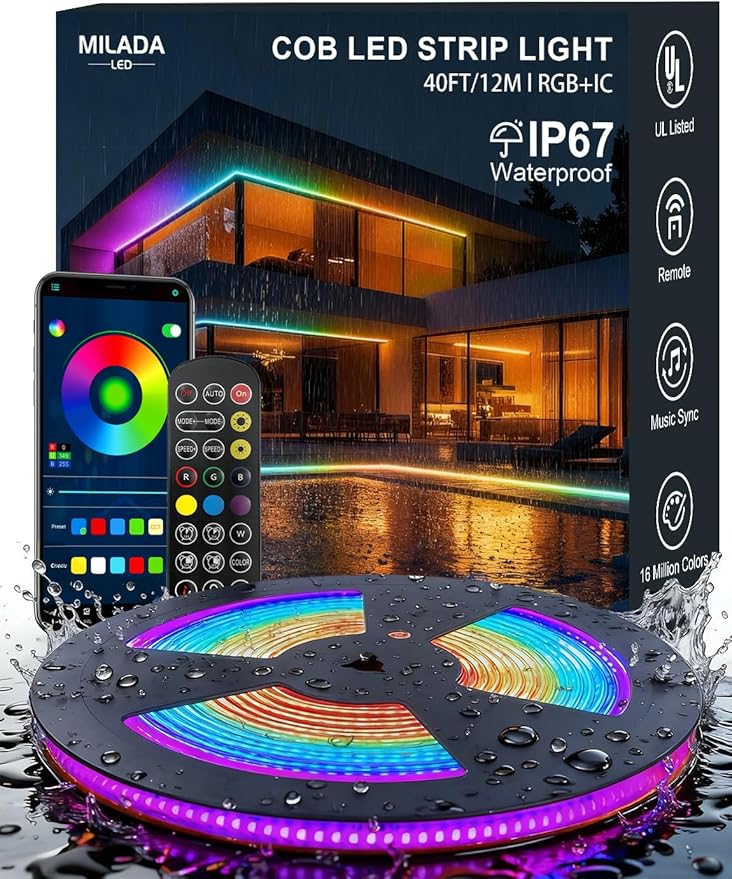 40ft COB LED Strip Lights Outdoor, COB Strips RGB Smart IC IP67 Waterproof Dimmable ,Color Flowing Tape Light with App Control & Music Sync, Dotless LED Light for Outdoor,Patio,Garden,Party Deco