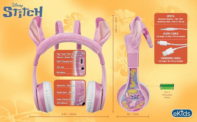 Disney Stitch Angel Bluetooth Headphones for Kids, Wireless Headphones