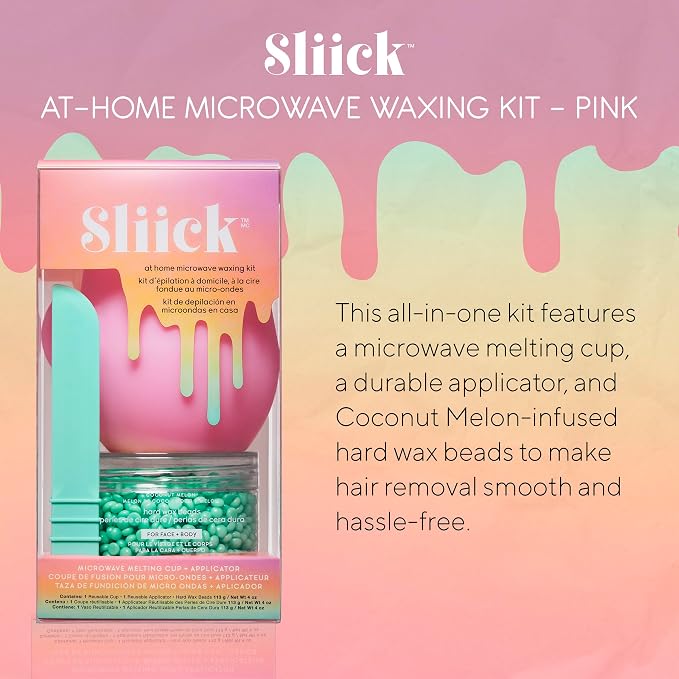 Sliick At Home Waxing Kit for Women, Pink – Coconut Melon, Hard Wax Kit for Hair Removal, Microwave Melting Cup, Applicator & Beads, At Home Wax Set