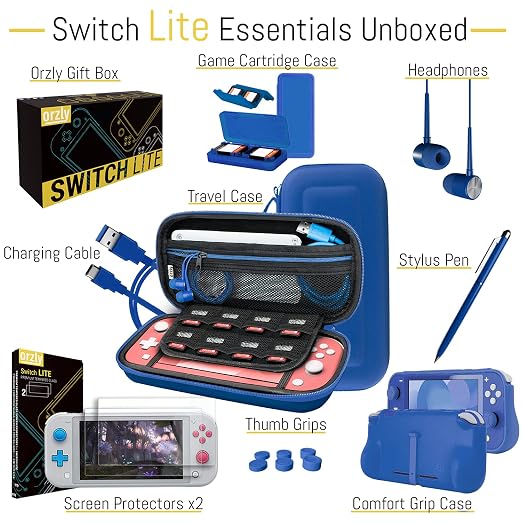 Orzly Switch Lite Accessories Bundle - Case & Screen Protector for Nintendo Switch Lite Console, USB Cable, Games Holder, Comfort Grip Case, Headphones, Thumb-Grip Pack & More (New Blue)
