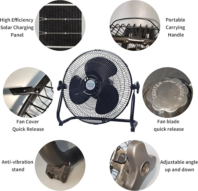 12-Inch Outdoor Solar Fans for Patios, Solar & AC Power Combined Charging Cordless Fan, Rechargeable Fan Large is Suitable for Ventilation, Camping, Outdoor Workplaces