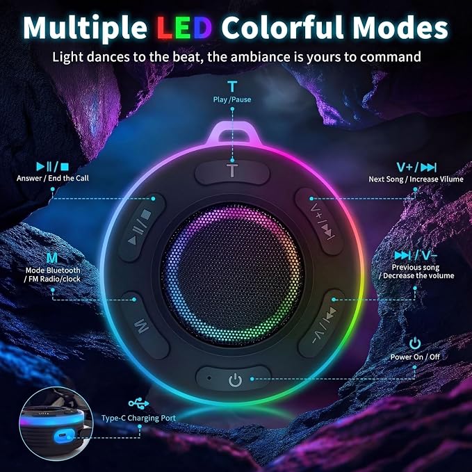 JK&EROSSTARS Portable Bluetooth Shower Speaker–Waterproof,Stereo,LED Light | Over 10H Playtime,Built-in Micro,Suction Cup&Hook,for Outdoor,Kitchen,Kayak,Beach,Camping,Gifts for Unisex